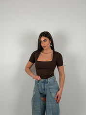 Body con scollo quadrato, mezza manica, in lycra modellante