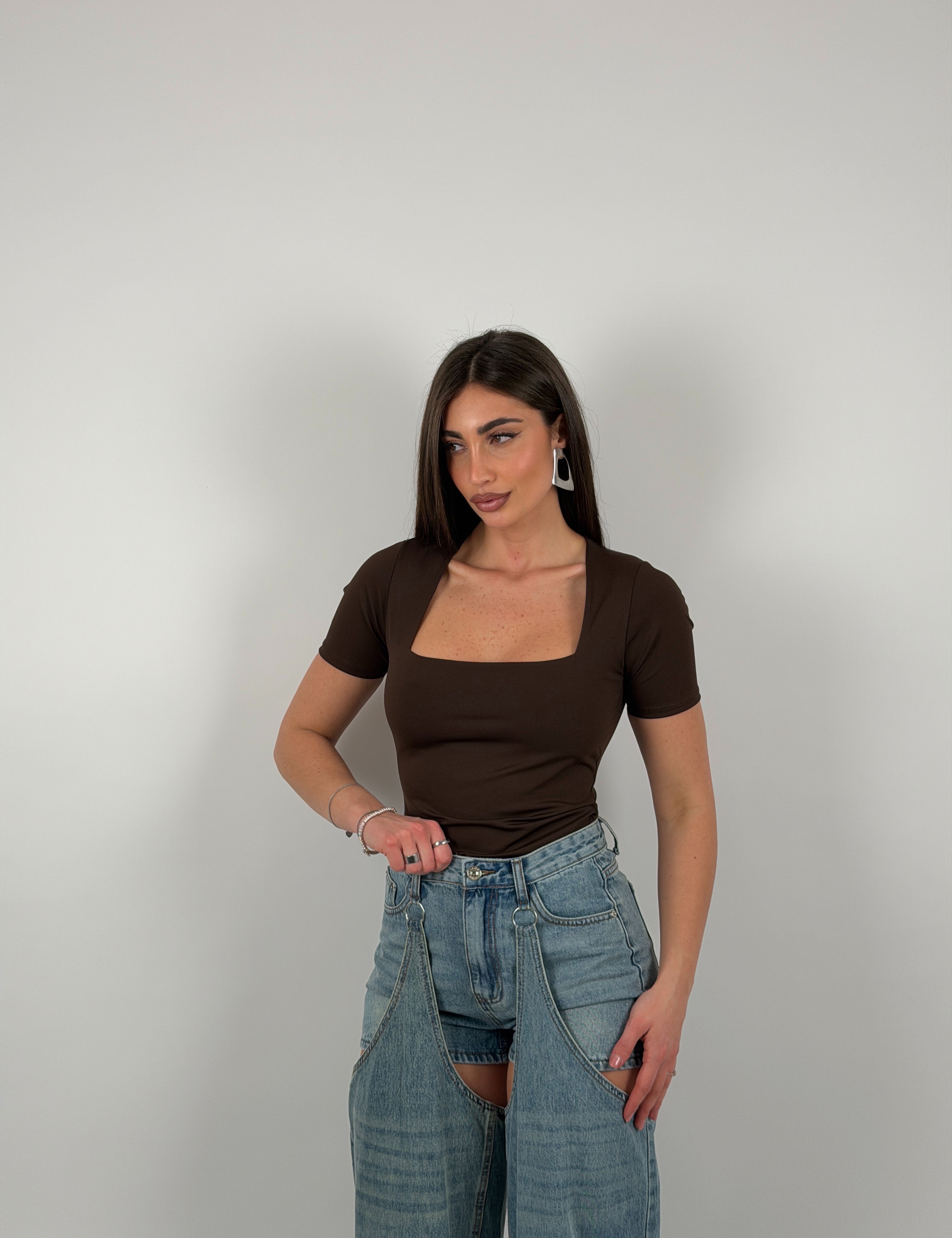 Body con scollo quadrato, mezza manica, in lycra modellante