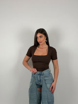 Body con scollo quadrato, mezza manica, in lycra modellante