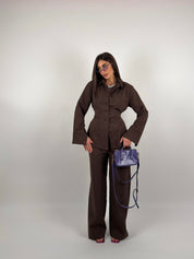 Completo camicia regolabile e pantalone palazzo tessuto simil denim