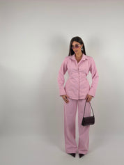 Completo camicia regolabile e pantalone palazzo tessuto simil denim