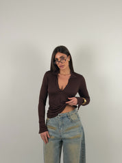 Maglia manica lunga semivelata con scollo a V