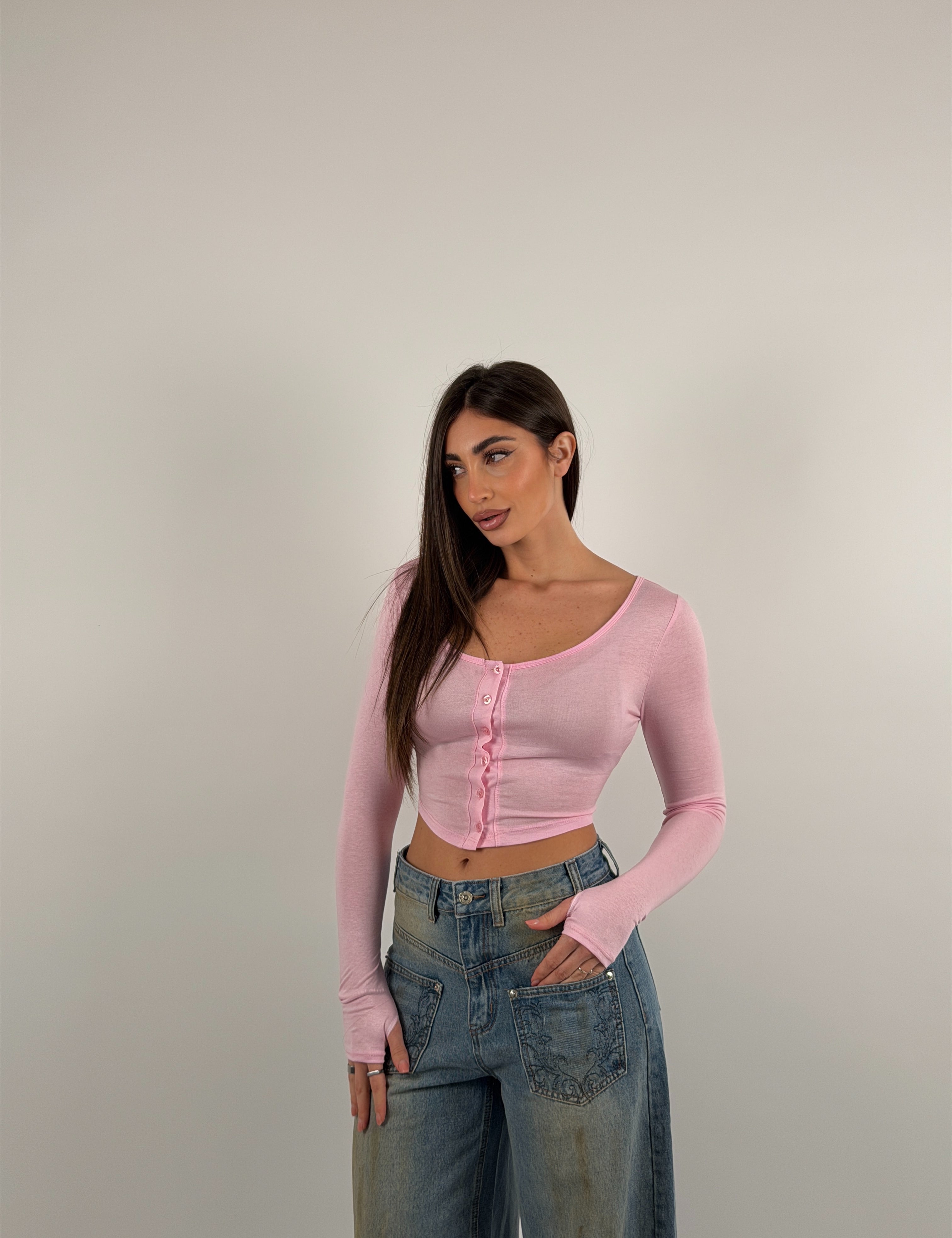 Maglia crop semi velata con bottoncini