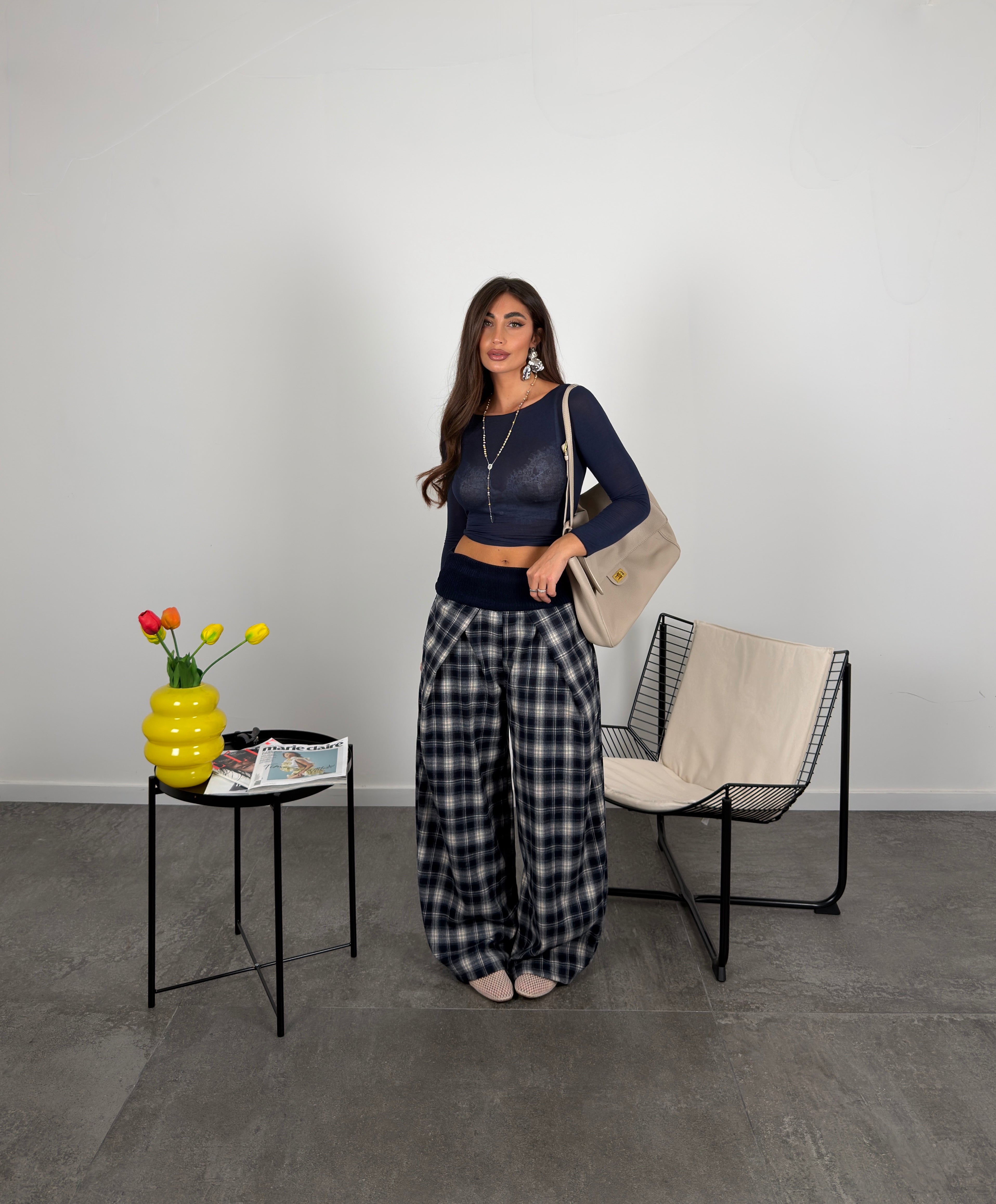 Pantalone quadri con risvolto