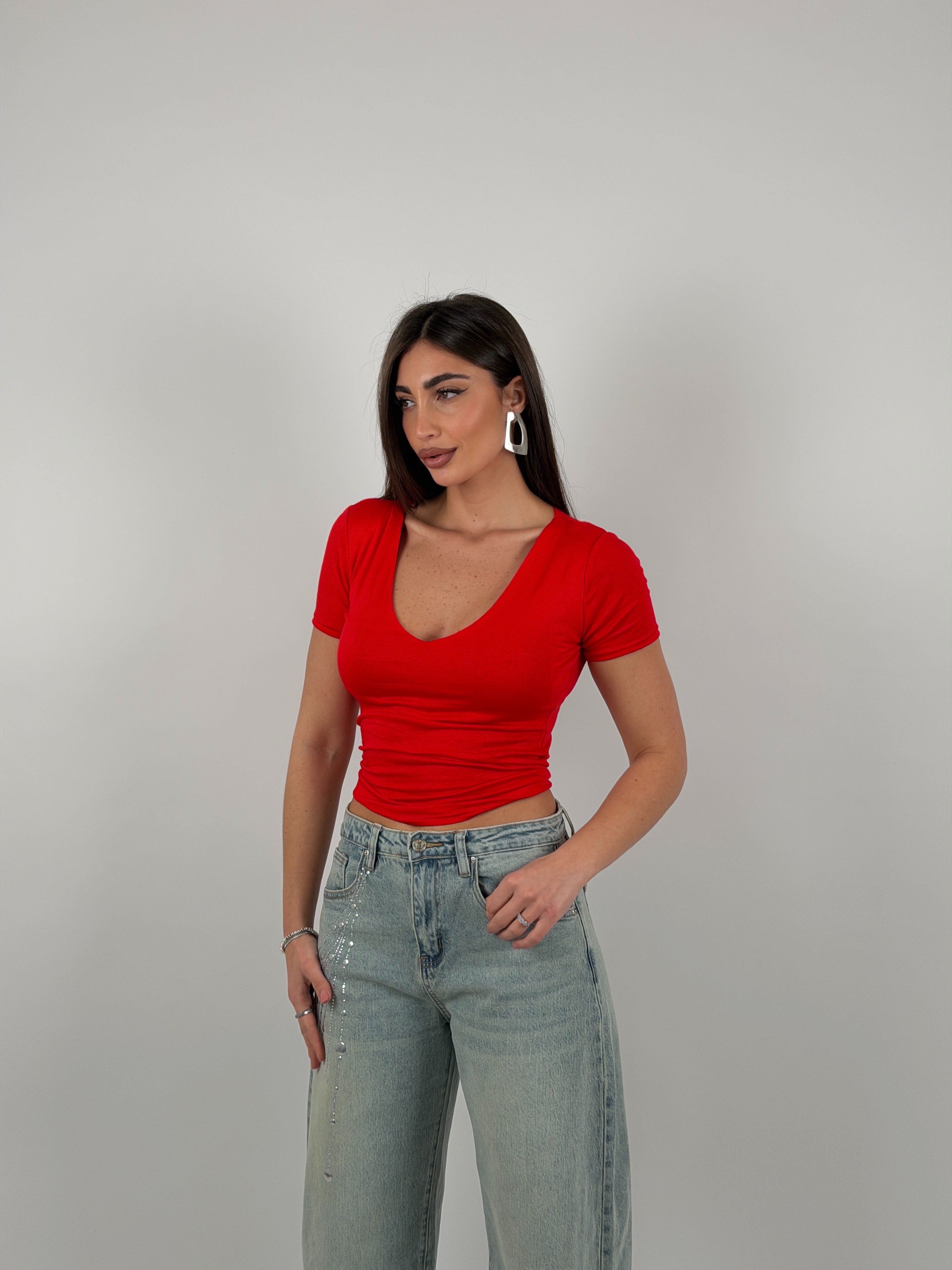 Maglia scollo a V semivelata mezza manica