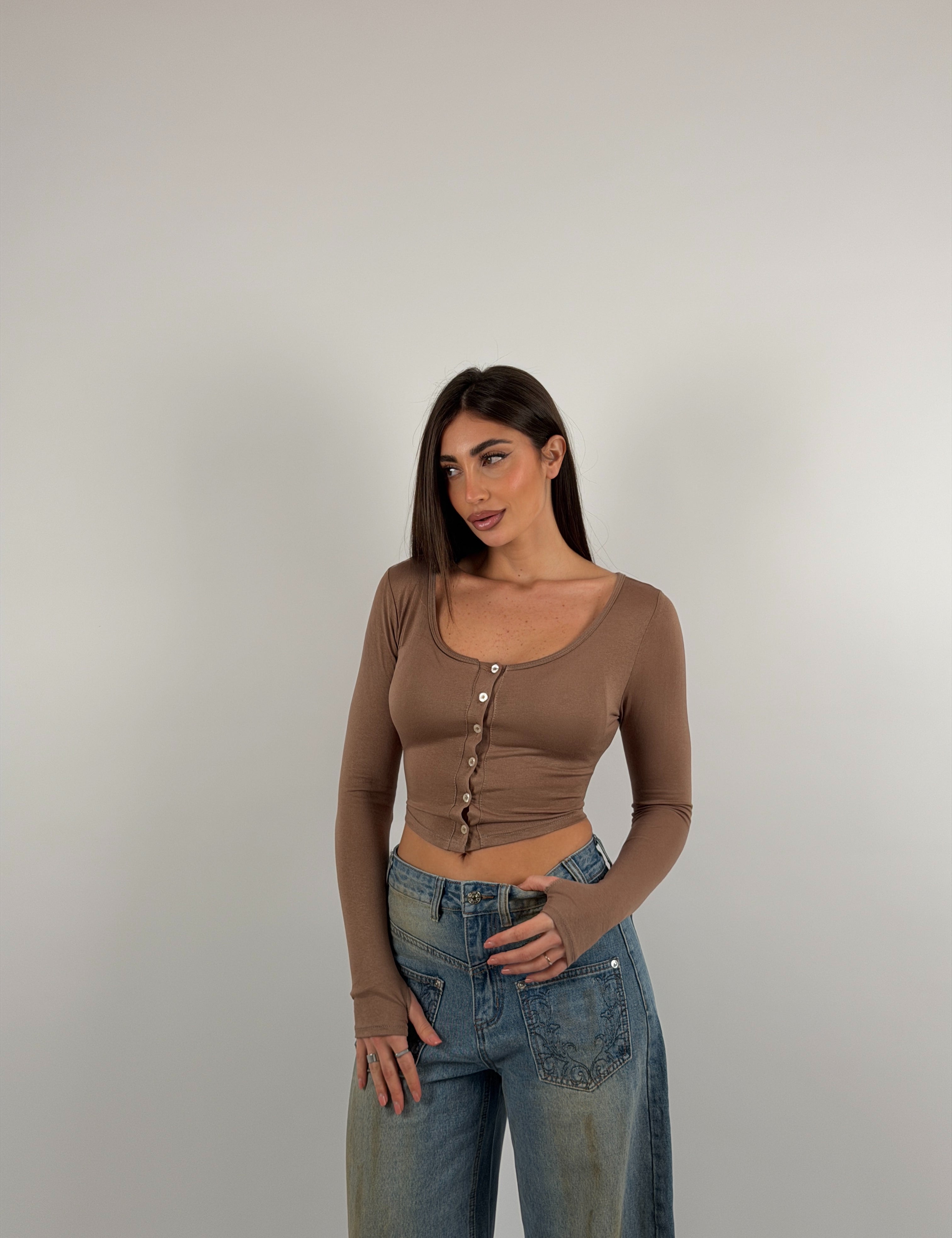 Maglia crop semi velata con bottoncini