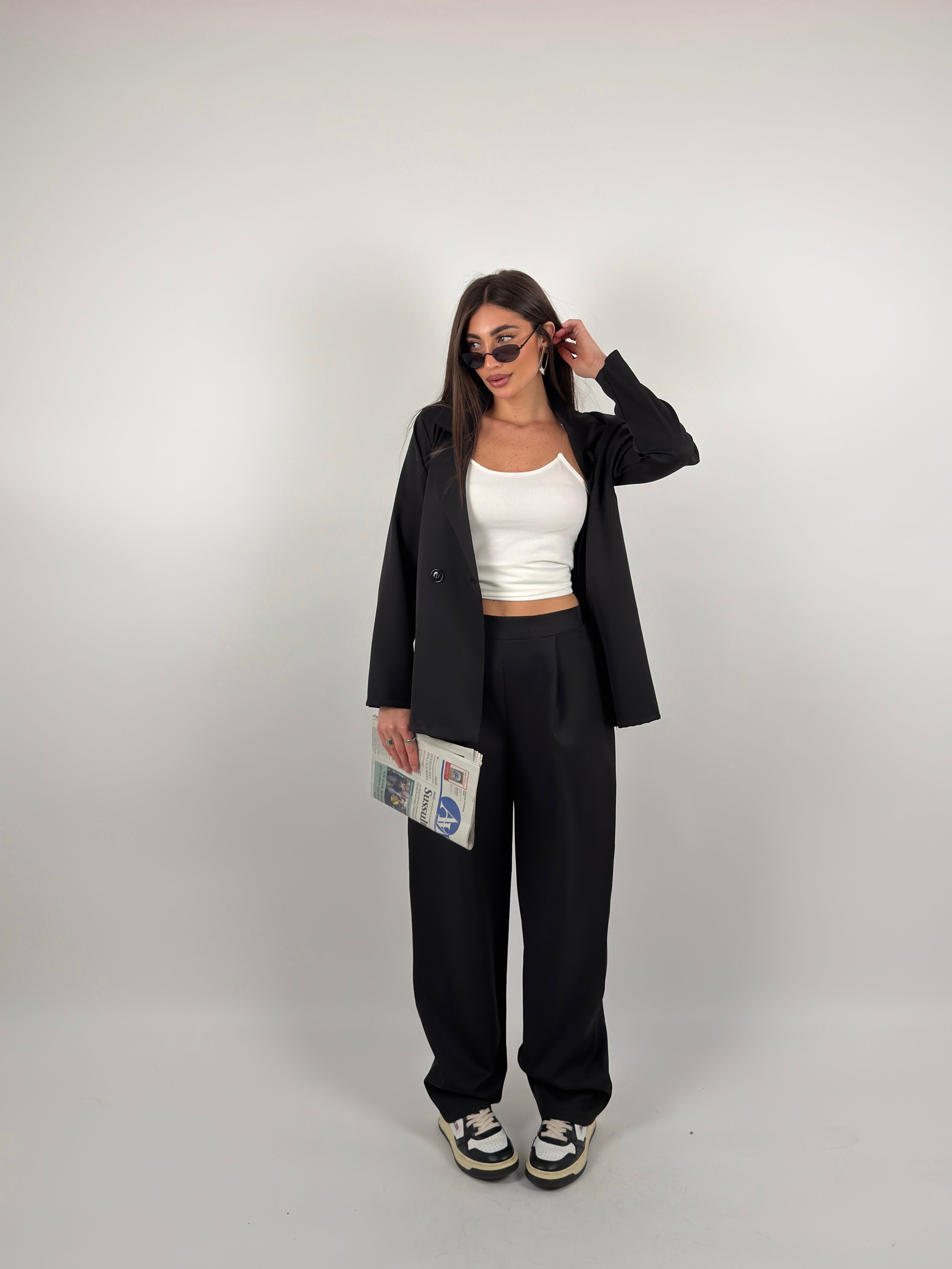 Completo tessuto cotone con giacca e pantalone palazzo