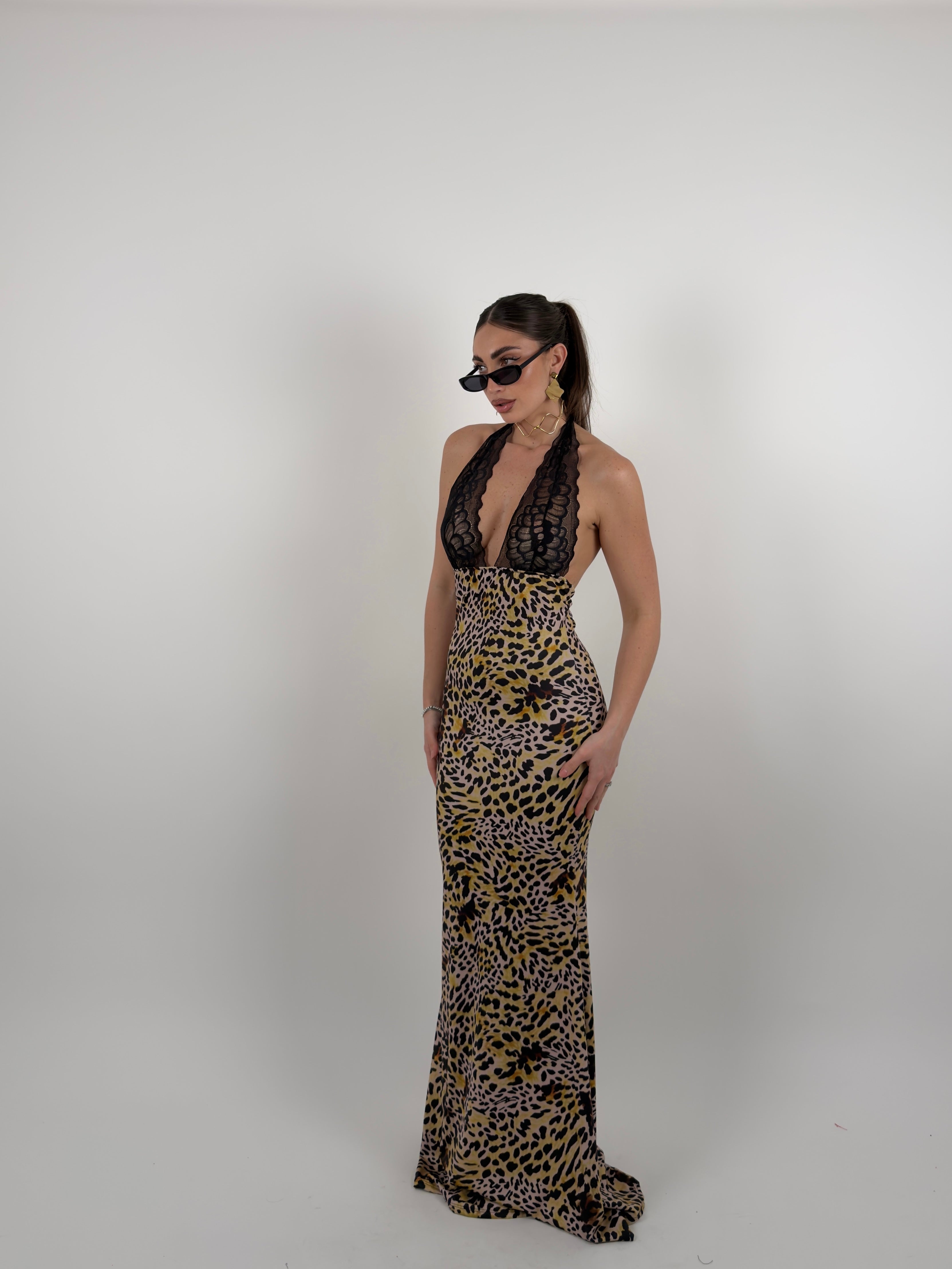 Vestito lungo in pizzo e lycra