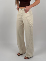 Jeans ballon panna con cuciture marrone