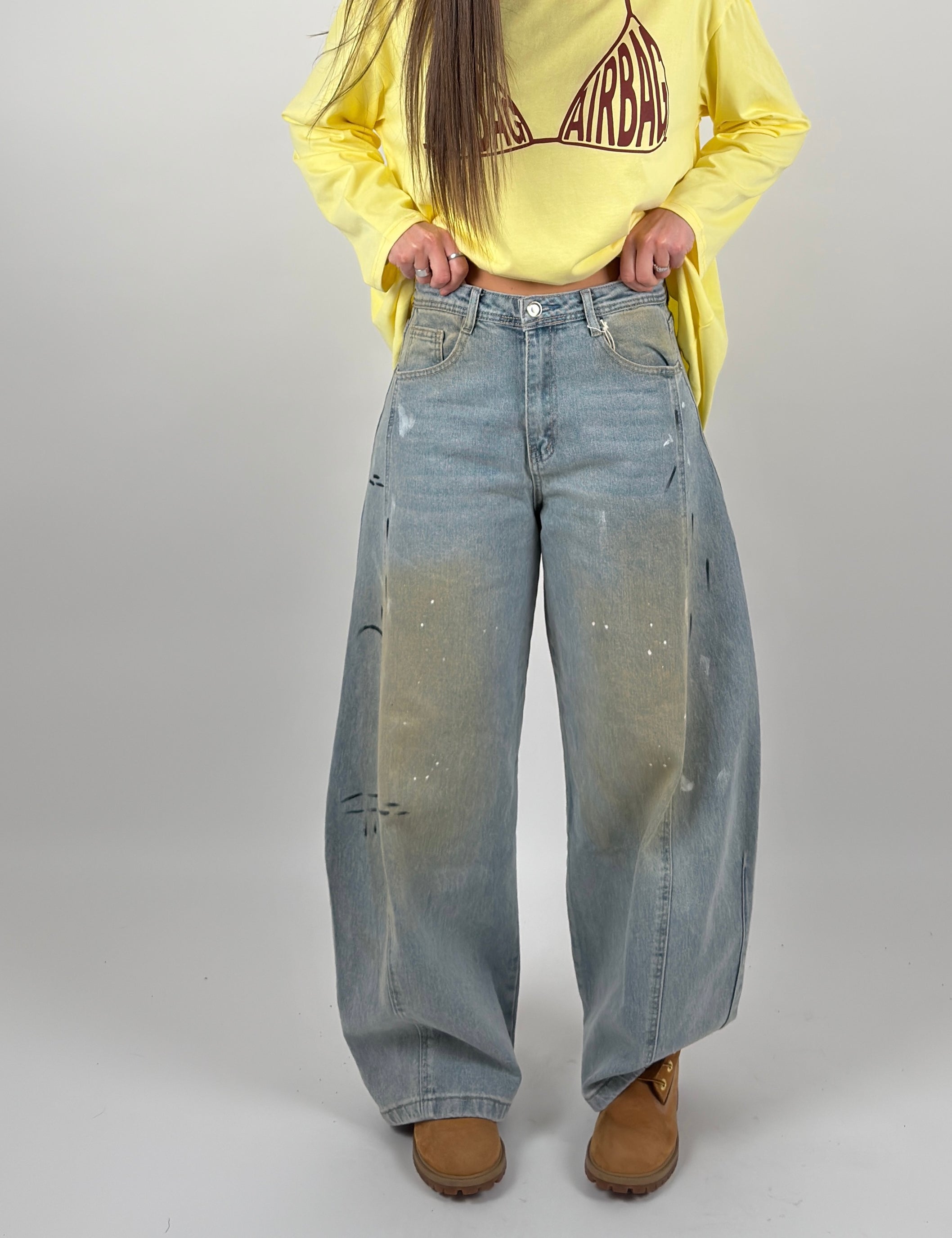 Jeans ballon tela fissa, con macchie vernice