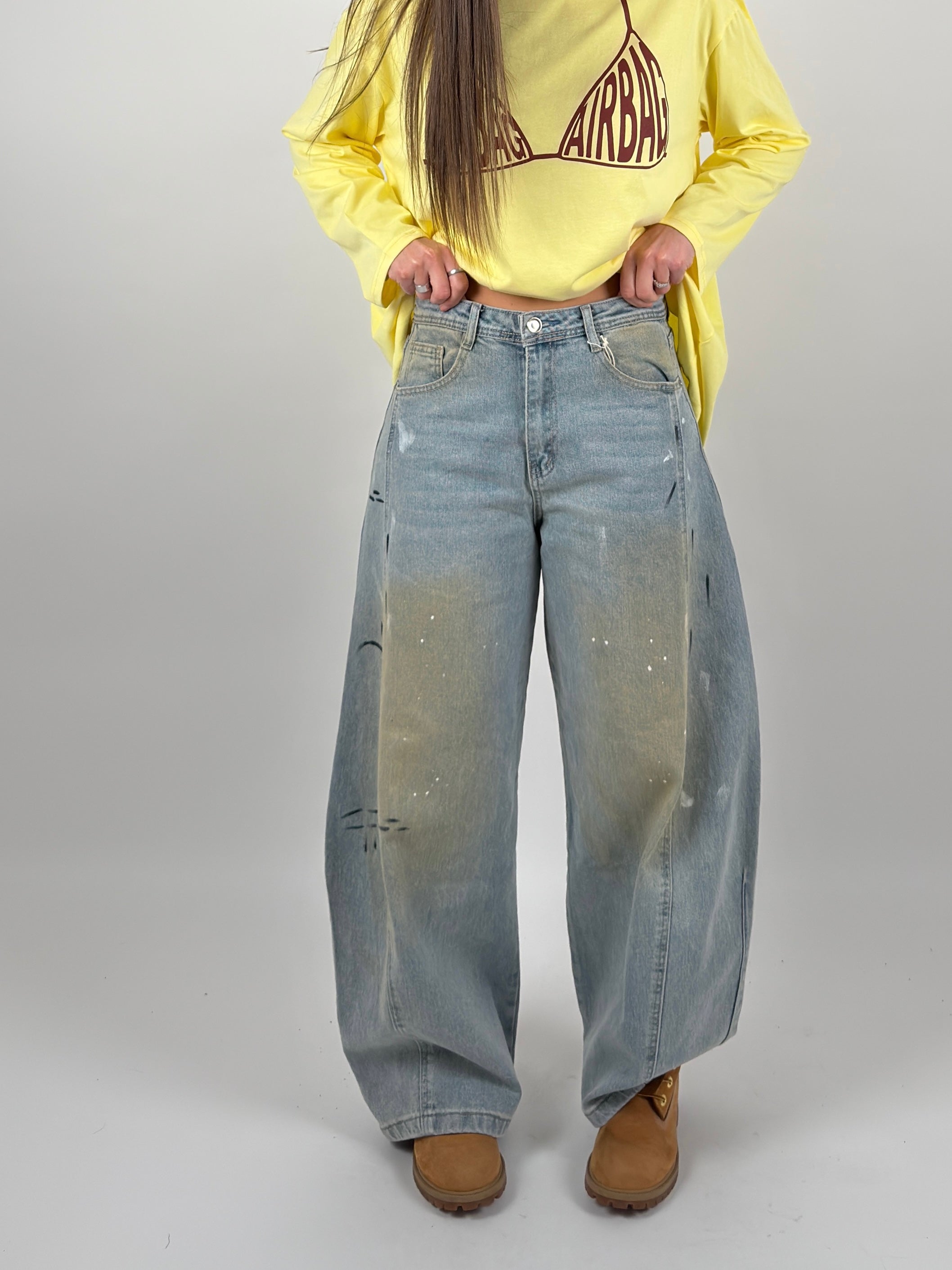 Jeans ballon tela fissa, con macchie vernice