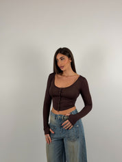 Maglia crop semi velata con bottoncini
