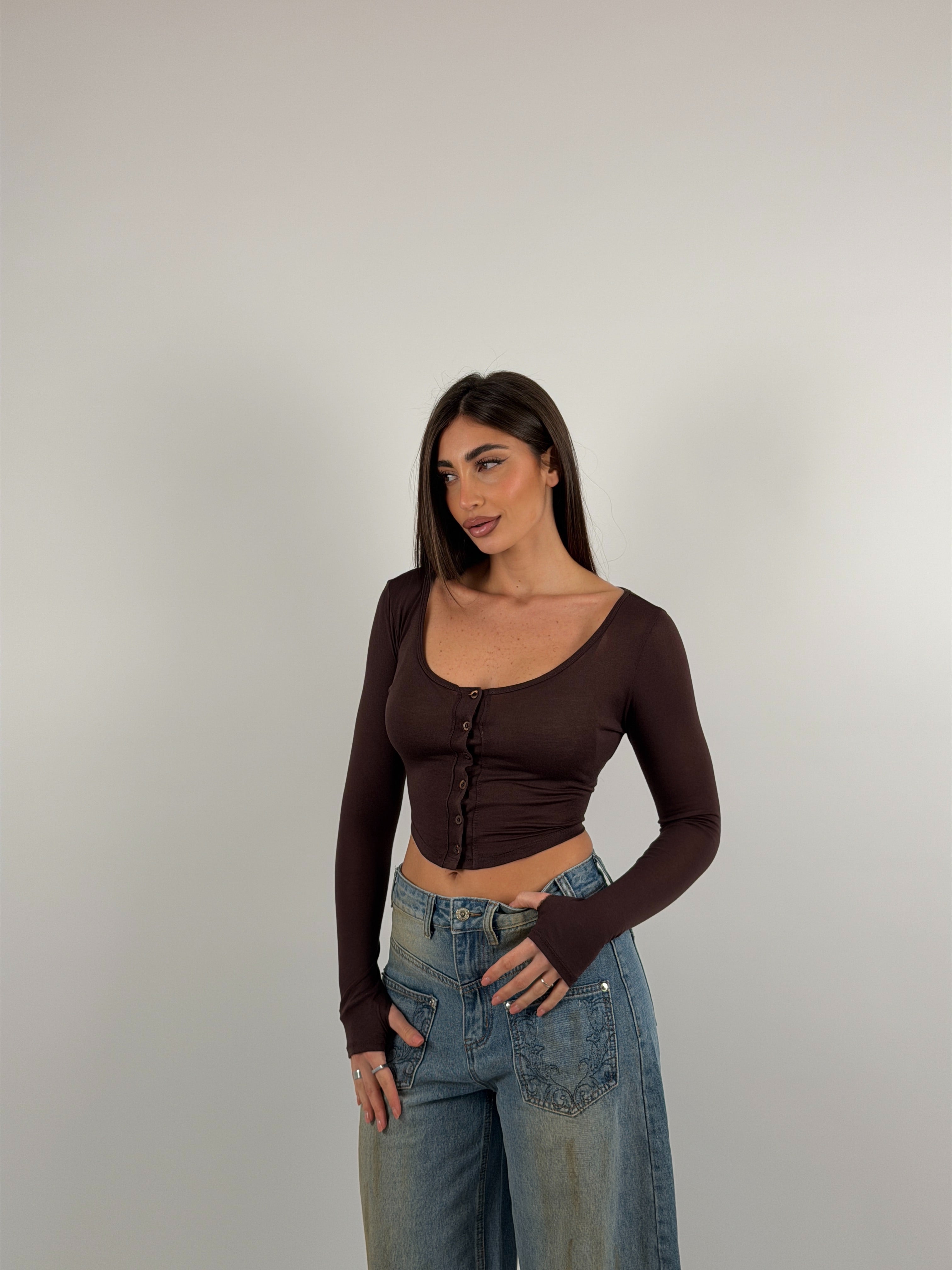 Maglia crop semi velata con bottoncini