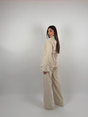 Completo camicia regolabile e pantalone palazzo tessuto simil denim