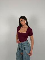 Body con scollo quadrato, mezza manica, in lycra modellante