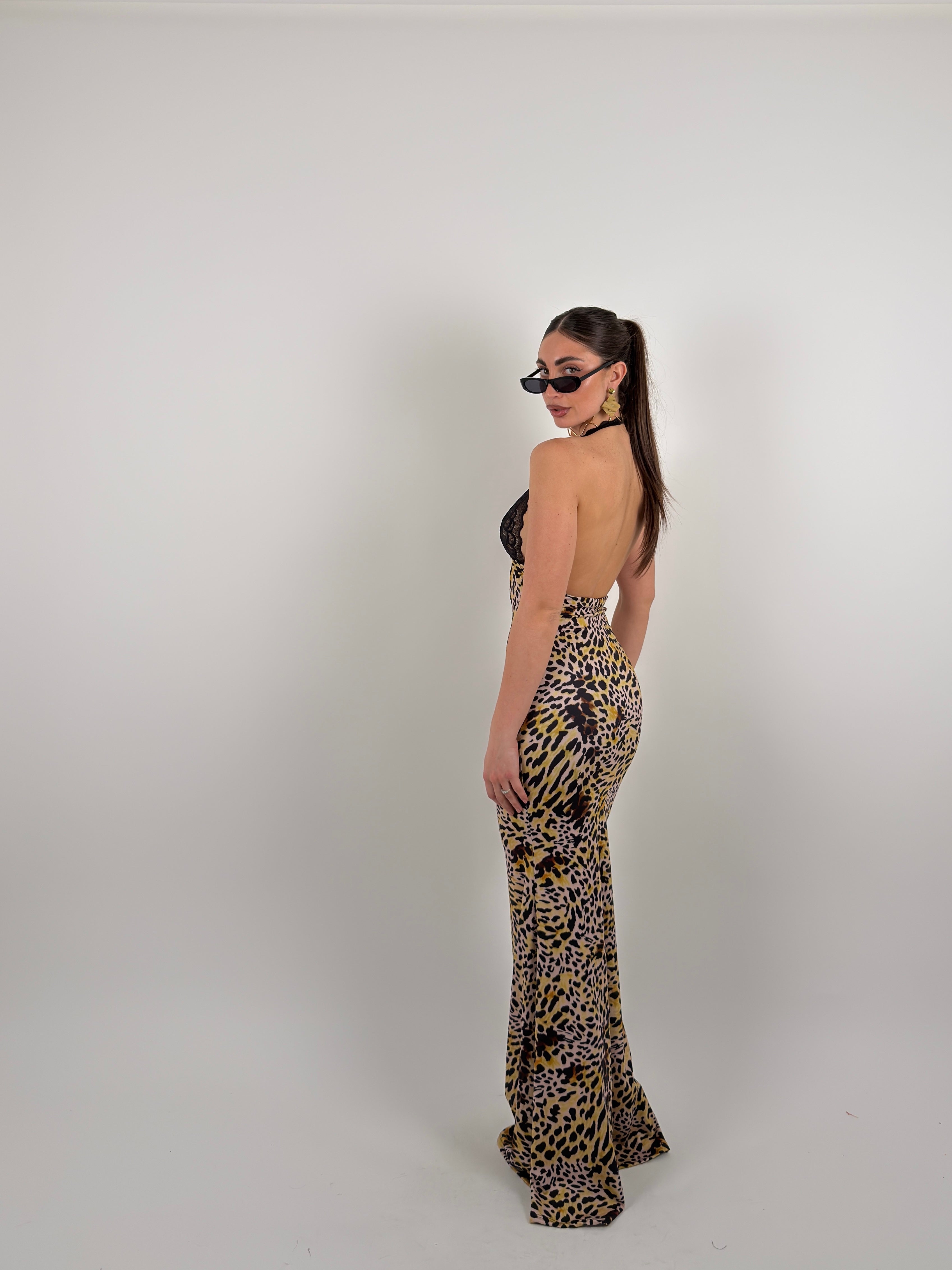 Vestito lungo in pizzo e lycra