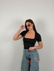 Body con scollo quadrato, mezza manica, in lycra modellante