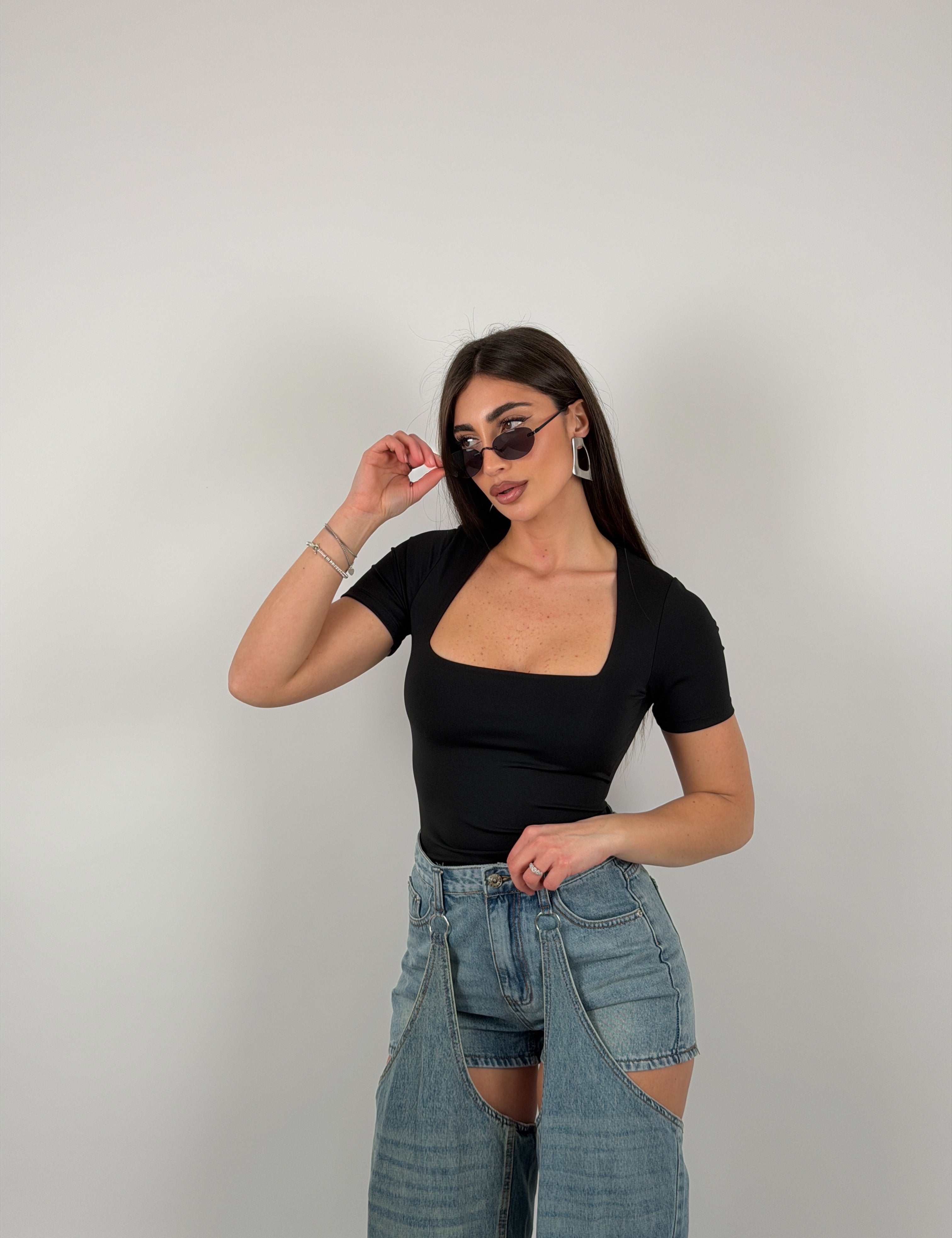 Body con scollo quadrato, mezza manica, in lycra modellante