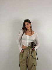 Maglia crop semi velata con bottoncini