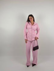 Completo camicia regolabile e pantalone palazzo tessuto simil denim