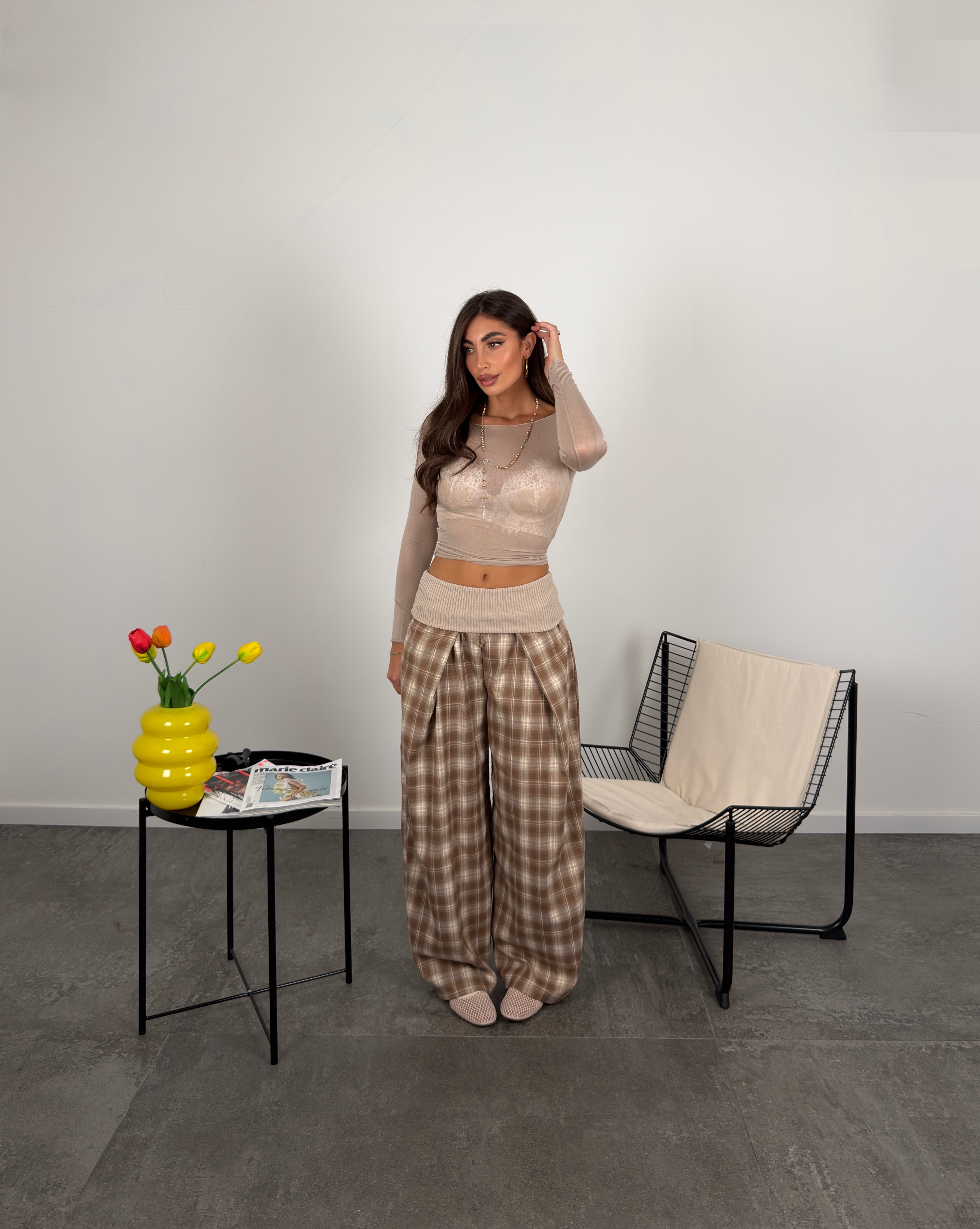 Pantalone quadri con risvolto