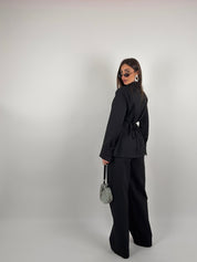 Completo camicia regolabile e pantalone palazzo tessuto simil denim