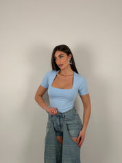 Body con scollo quadrato, mezza manica, in lycra modellante