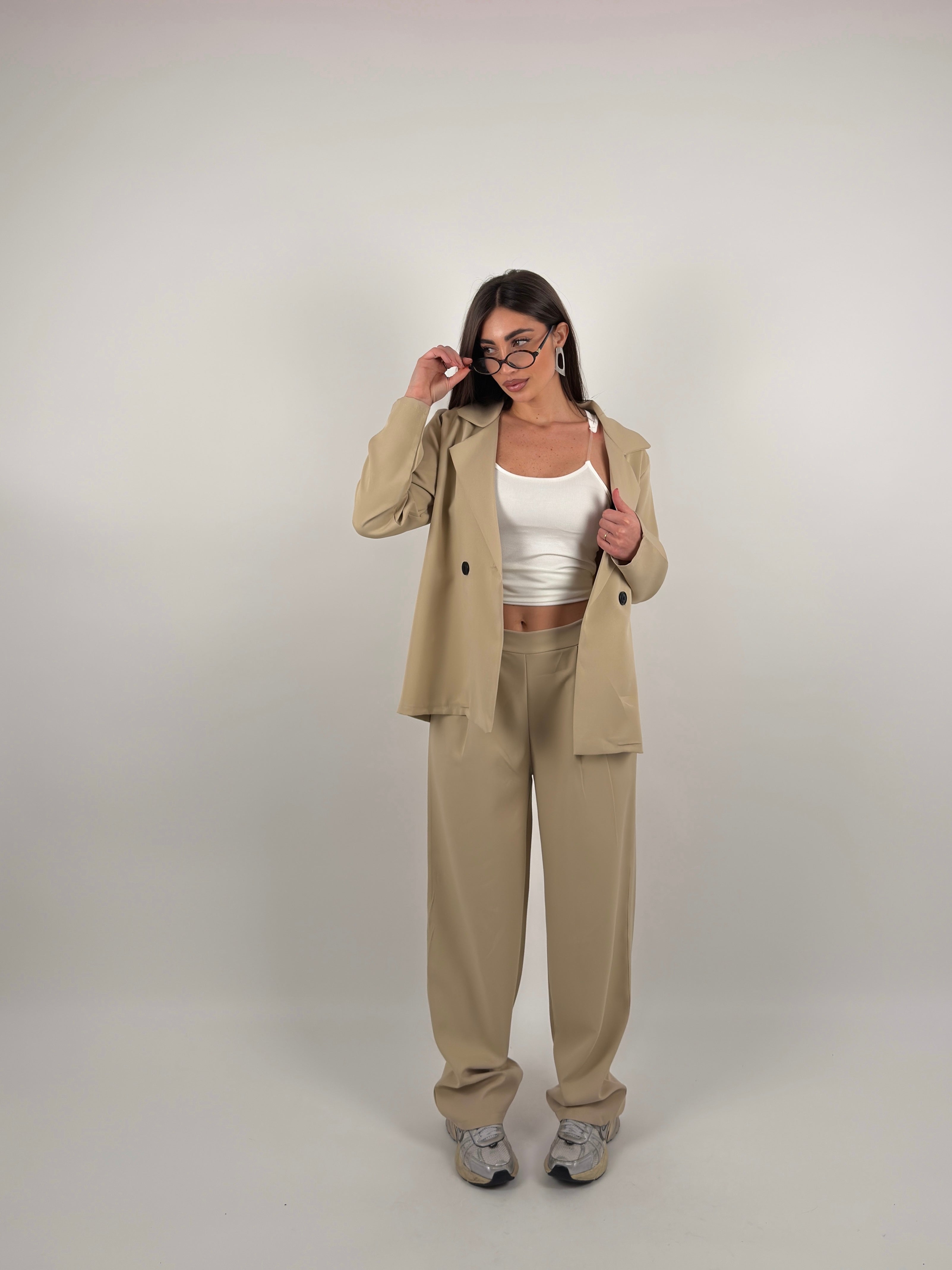 Completo tessuto cotone con giacca e pantalone palazzo