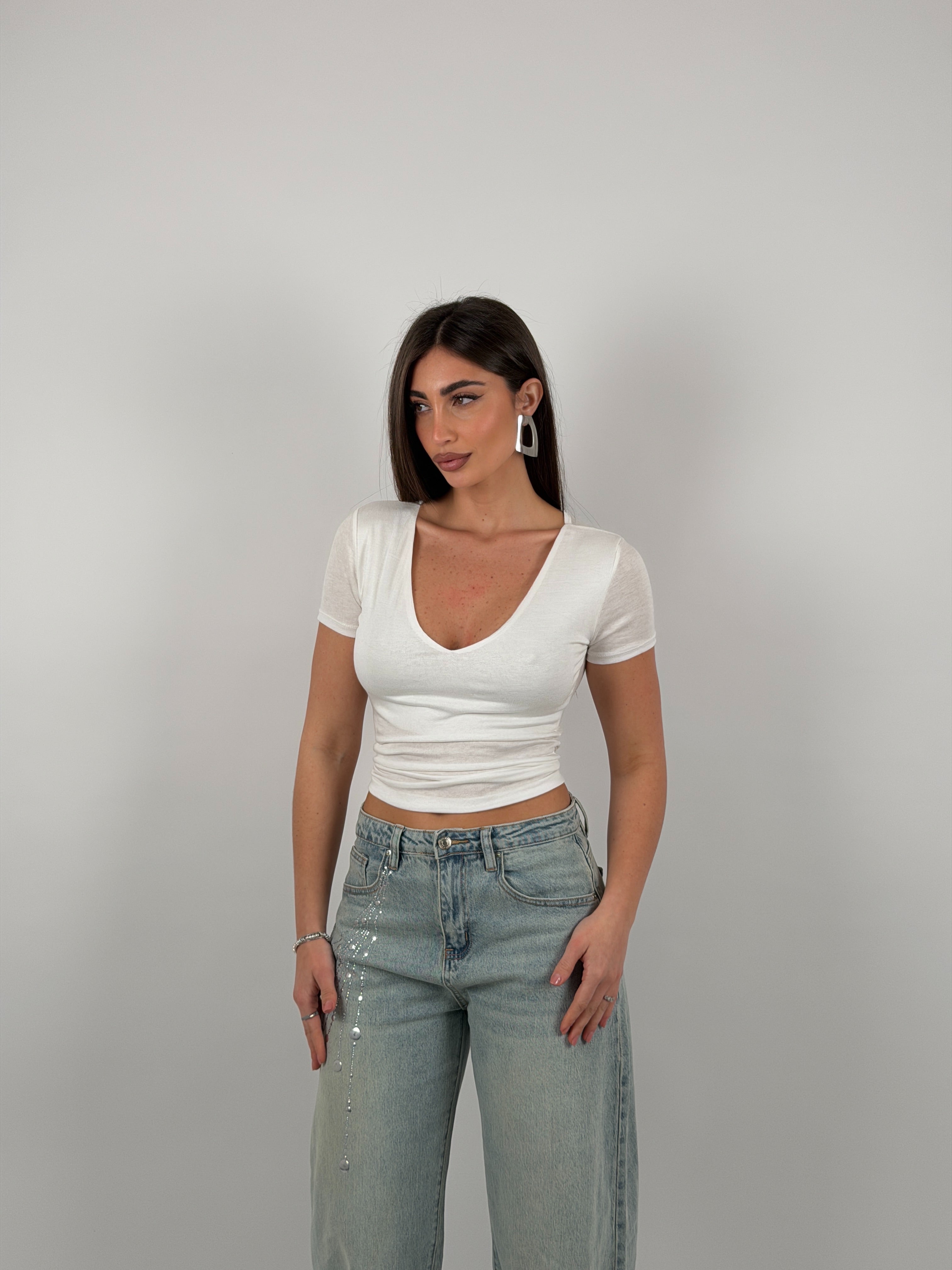 Maglia scollo a V semivelata mezza manica