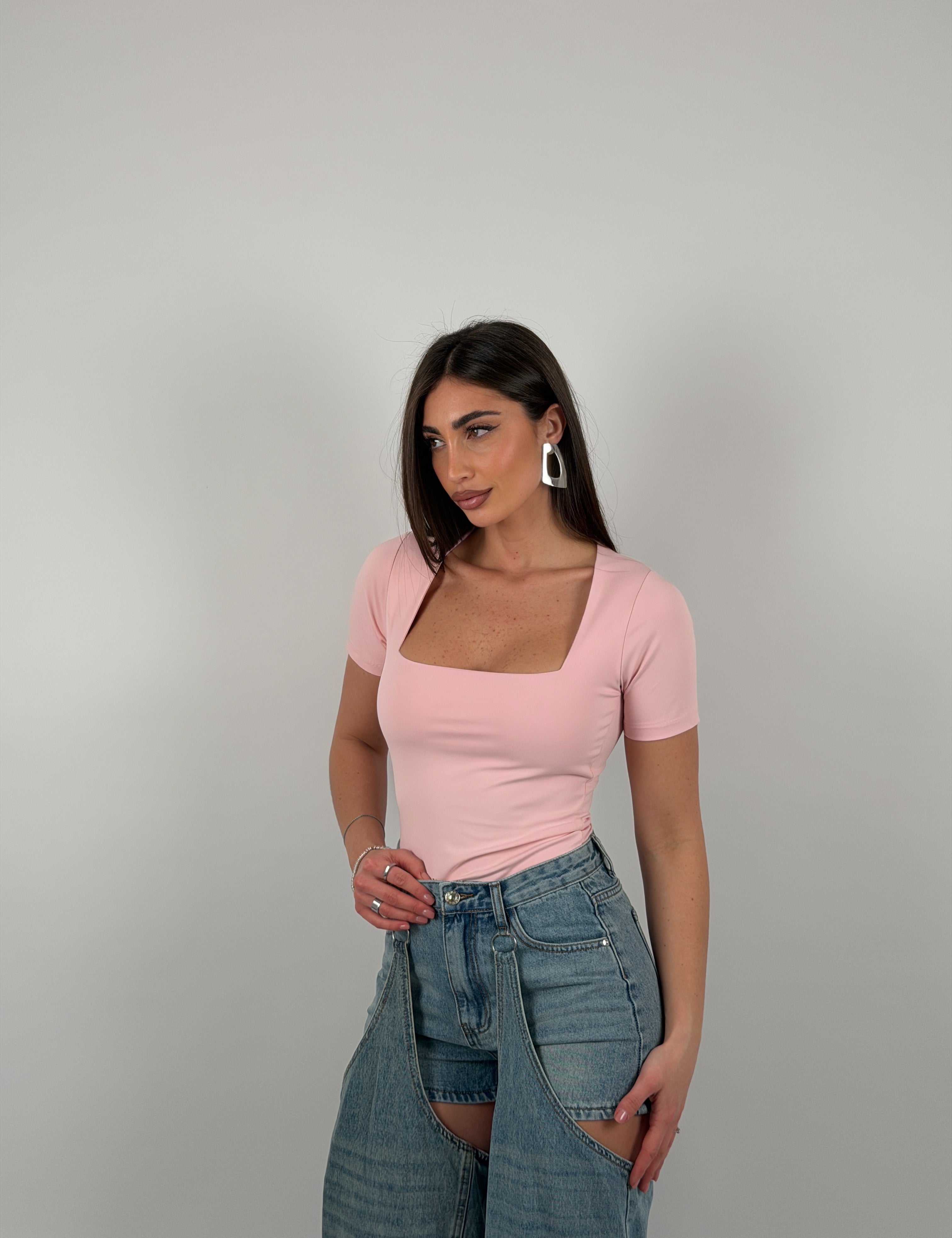 Body con scollo quadrato, mezza manica, in lycra modellante