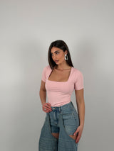 Body con scollo quadrato, mezza manica, in lycra modellante