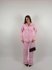 Completo camicia regolabile e pantalone palazzo tessuto simil denim