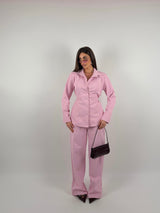 Completo camicia regolabile e pantalone palazzo tessuto simil denim