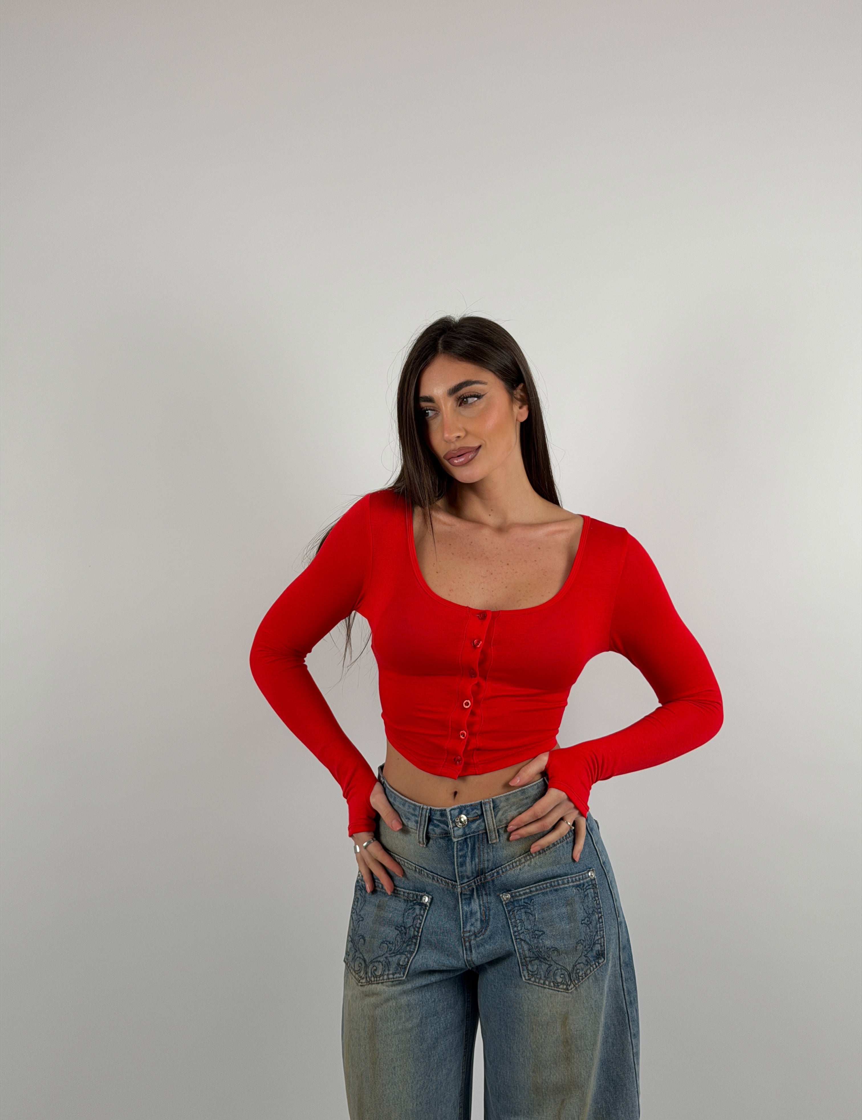 Maglia crop semi velata con bottoncini
